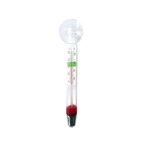 Glass aquarium thermometer detail view featuring dual Celsius and Fahrenheit scales.