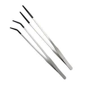 Close-up detail of stainless steel long feeding tweezers with black rubber tips for pets.