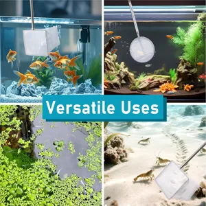 Vue détaillée montrant l'épuisette télescopique pour aquarium dans divers scénarios d'usage.