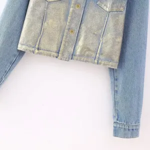 Trendy gradient denim jacket for women, stylish cropped short outerwear with metal buttons.