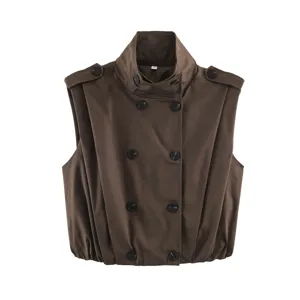 Gilet trench da donna elegante monopetto senza maniche con collo alto e orlo arricciato marrone S