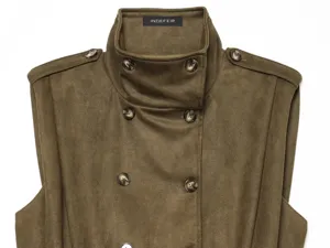 Olive green suede double-breasted stand collar vest, chic sleeveless outerwear for women.
