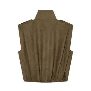 Back view of a chic olive green suede-like stand collar vest with pleated hem details.