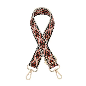 Close-up of bohemian woven ethnic geometric pattern strap detail with metal buckle hardware.