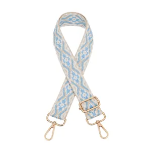 Woven bag replacement strap detail, blue geometric pattern, adjustable gold hardware.