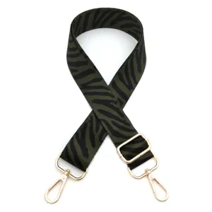 Detail view of adjustable olive green zebra striped bag strap with gold hardware.