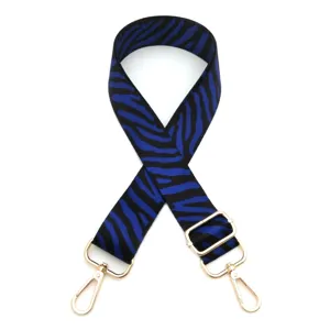 Blue black zebra print replacement bag strap with gold metal hardware adjustable crossbody.