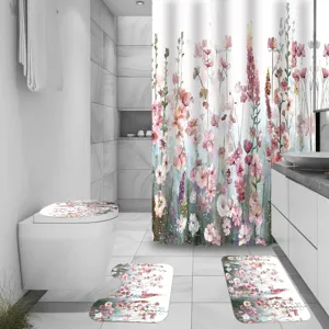 Watercolor floral shower curtain and bathroom 4-piece mat set with elegant botanical design