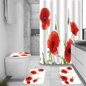 Vibrant red poppy flower print shower curtain and bathroom mat four piece set detail view.