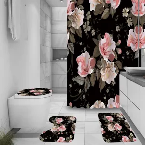 Close-up detail of vintage floral shower curtain and matching bathroom mat set scene display.