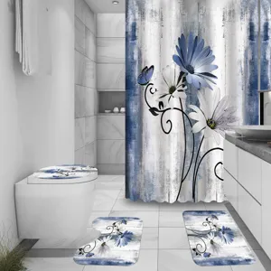 Detailed view of the retro blue daisy bathroom set, showing exquisite digital printing and fabric.