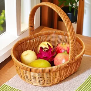 Woven fruit basket with handle, perfect for kitchen storage, outdoor picnic and home decoration.