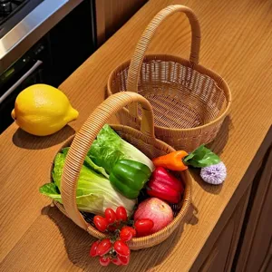 Detailed view of woven hand basket with artificial vegetables, rustic picnic storage design.