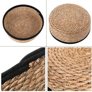Round woven storage basket straw rattan desktop organizer multi-angle detail view.