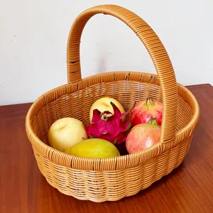 Detailed close-up of a woven storage basket featuring tight weaving and a sturdy curved handle.