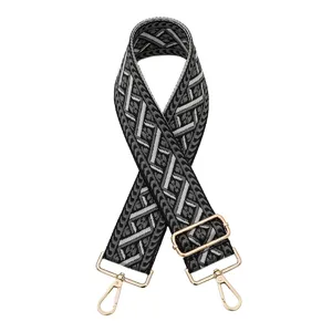 Sangle d'épaule de rechange tissée réglable pour sacs bandoulière avec quincaillerie dorée et motif.