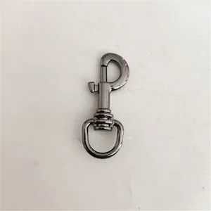 Close-up detail shot of a gunmetal alloy swivel lobster clasp with D-ring connector.