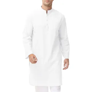 Men's loose stand collar long sleeve midi robe solid color casual ethnic daily wear tunic.