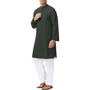 Men's solid long sleeve mandarin collar tunic shirt casual loose long kurta top for men