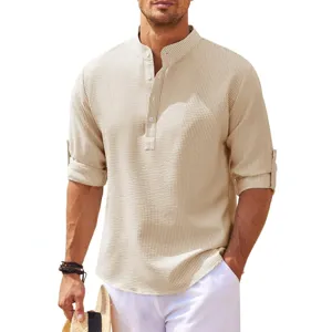Camicia Casual Collo alla Coreana Manica Tre Quarti Tessuto Waffle da Uomo Poliammide Tinta Unita Vestibilità Larga Top