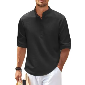 Uomo nero tinta unita colletto coreana manica lunga camicia casual vista frontale moda
