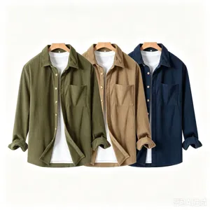 Men's Casual Corduroy Long Sleeve Shirt Solid Color Turn-Down Collar Button Down Overshirt Spring Fall
