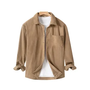 Men casual corduroy long sleeve shirt solid color button down shirt with pocket for autumn.