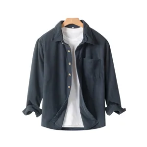 Men's casual corduroy long sleeve shirt classic lapel solid color button down outerwear top