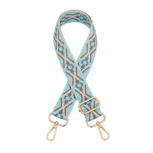Ethnic style woven replacement bag strap, adjustable cross body purse strap with gold hardware.