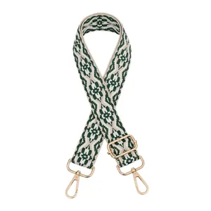 Woven ethnic style bag strap detail, adjustable crossbody replacement strap with gold hardware.