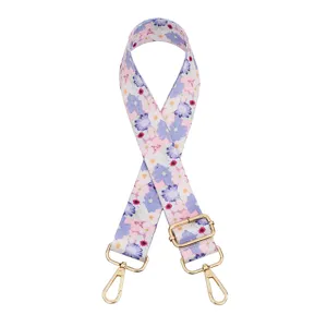 Wide floral bag strap replacement, adjustable crossbody shoulder strap with gold hardware hooks.