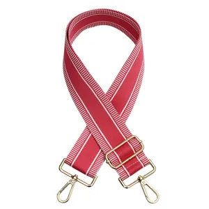 Correa de bolso roja y blanca ancha de repuesto con herrajes dorados para bolsos elegantes.