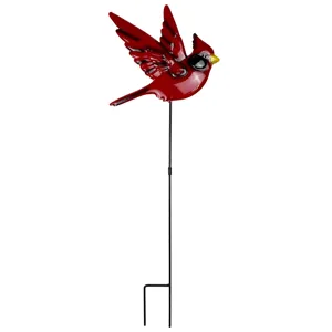 Metal red cardinal garden stake detail, decorative outdoor lawn bird sculpture for yard and patio.