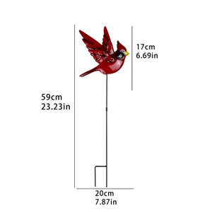 Metal red cardinal garden stake detail showing height and dimensions for outdoor lawn decor.