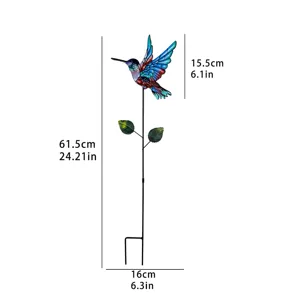 Metal hummingbird garden stake dimension detail view showing height and width specs clearly.