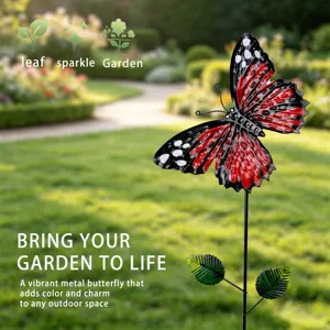 Metal butterfly garden stake, outdoor decorative yard art ornament with green leaf rod.