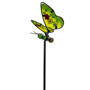 Metal and glass butterfly garden stake, colorful outdoor yard and lawn decorative ornament.