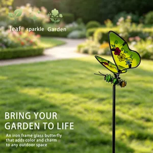 Iron glass butterfly garden stake for outdoor yard decoration with colorful wings.