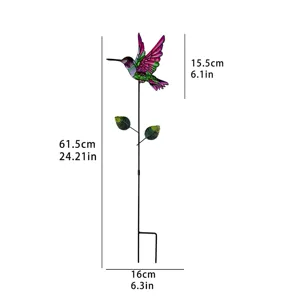 Metal hummingbird garden stake detail view showing exact height and width specifications.