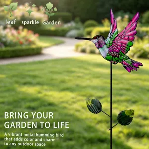 Metal hummingbird garden stake, vibrant outdoor yard art lawn decor with stakes for spring.