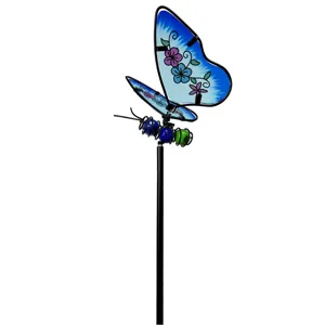 Glass butterfly garden stake detail view, metal outdoor yard decorative ornament.