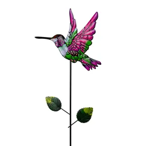 Metal hummingbird garden stake outdoor yard lawn decor colorful iron art plant pot decoration