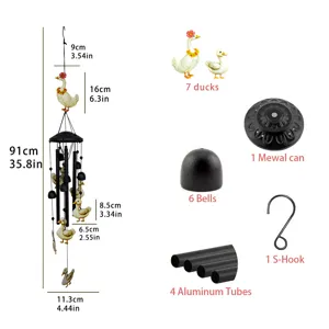 Jardin pato metal carillon de viento con 7 bonitas figuras de patos, 6 campanas y 4 tubos.