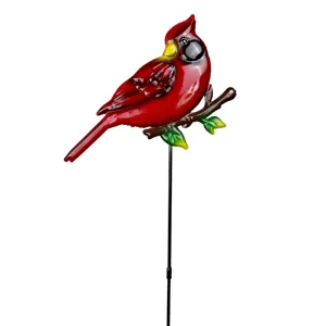 Metal red cardinal bird garden stake detail, vibrant red finish for outdoor lawn yard decor.