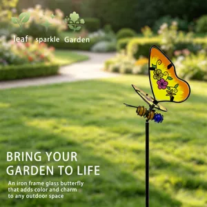 Outdoor garden stake featuring a vibrant colorful glass butterfly and cute bee decor.