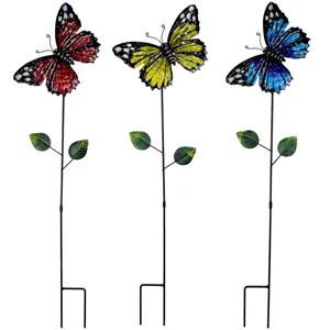 Metal butterfly garden stake set, colorful yard art decor, lawn ornament for outdoor patio.
