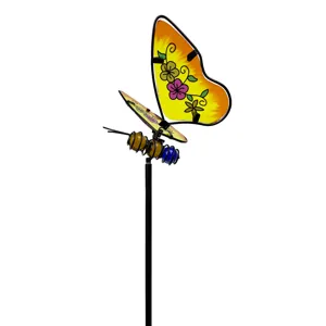 Metal glass butterfly garden stake outdoor yard decorative art stake for lawn plant pot