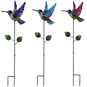 Metal hummingbird garden stakes colorful yard art outdoor lawn decor plant pot set.