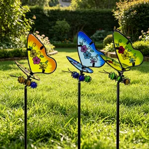 Decorative colorful glass butterfly garden stakes outdoor metal yard art ornaments for lawn.