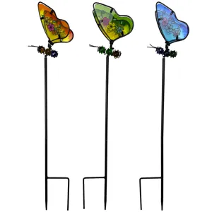 Iron glass butterfly garden stake colorful winged yard decorative plant support stake
